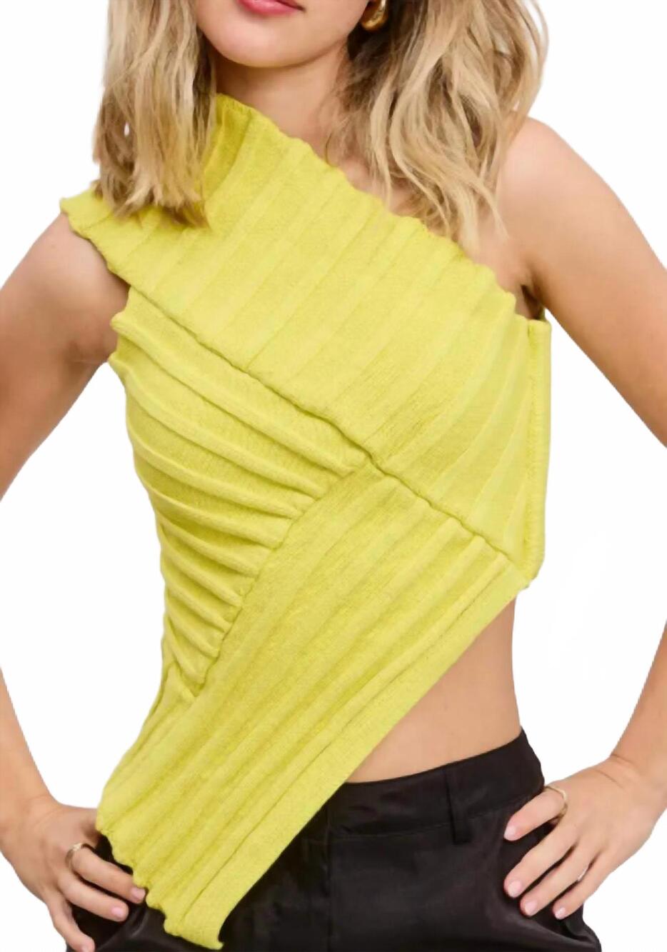 NEW MIMOSA one-shoulder asymmetrical ribbed-knit sweater top in lemon